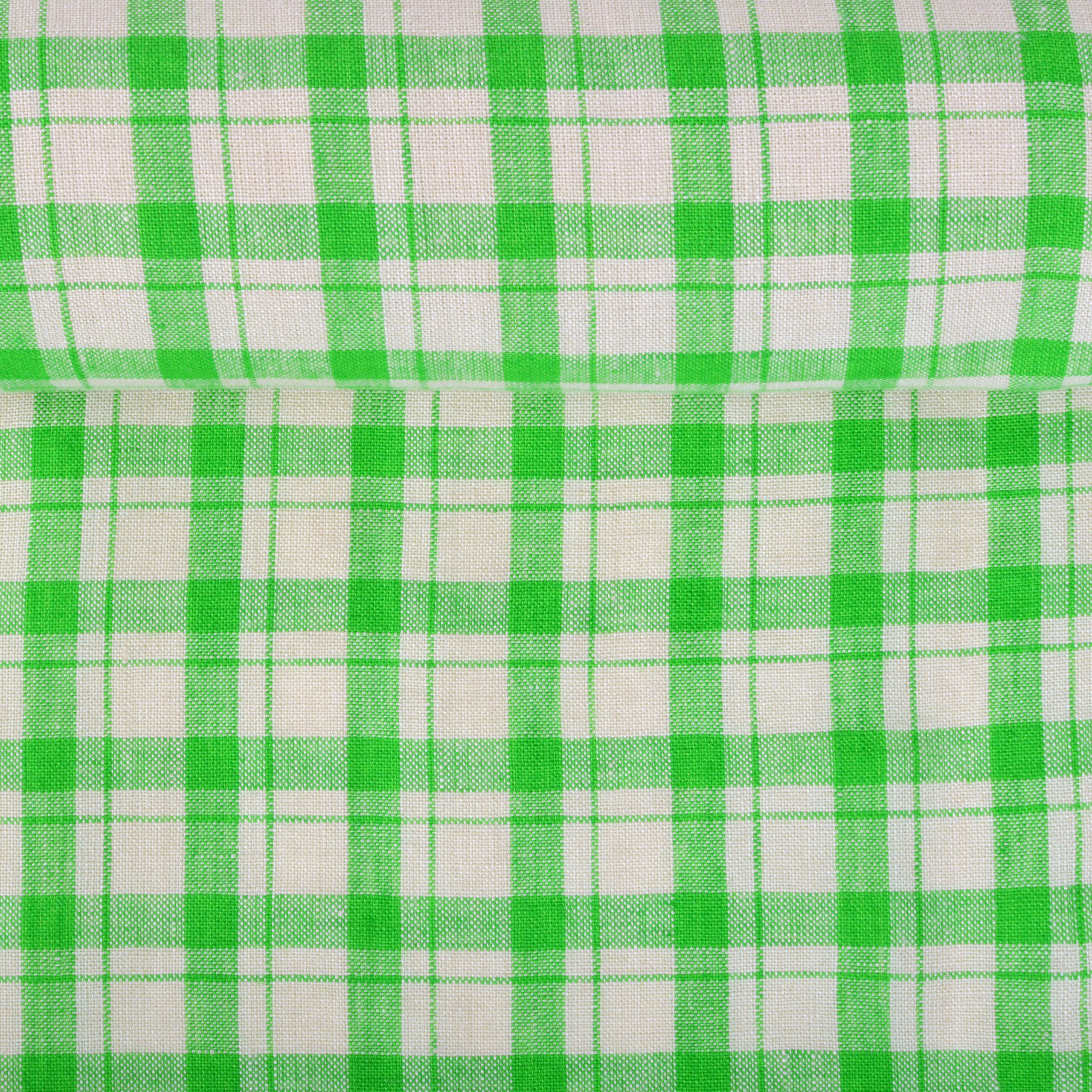 Washed linen fabric in green checks, 200 g/m²