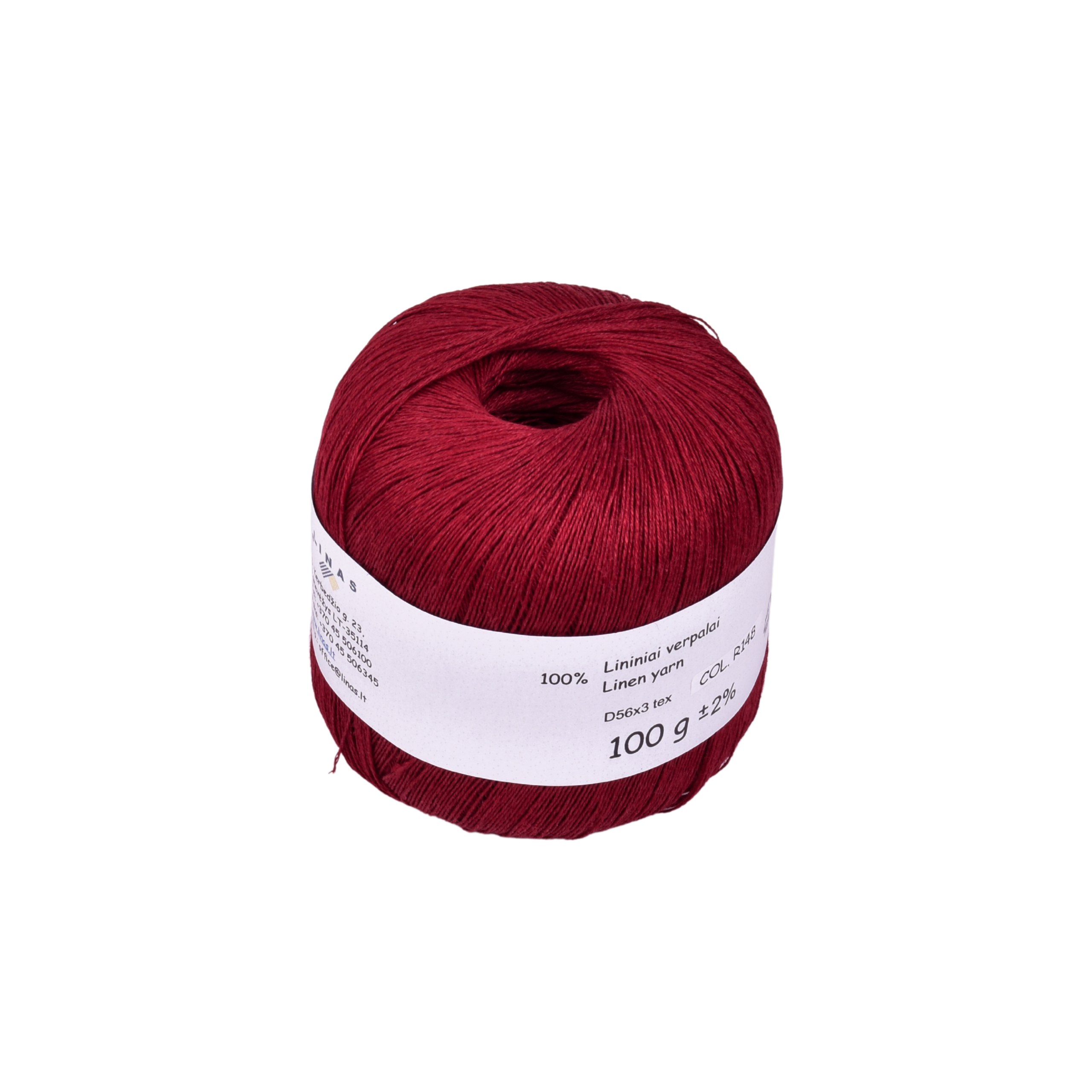 Dark red colour linen yarn D56x3 tex, col. R148, 100 g