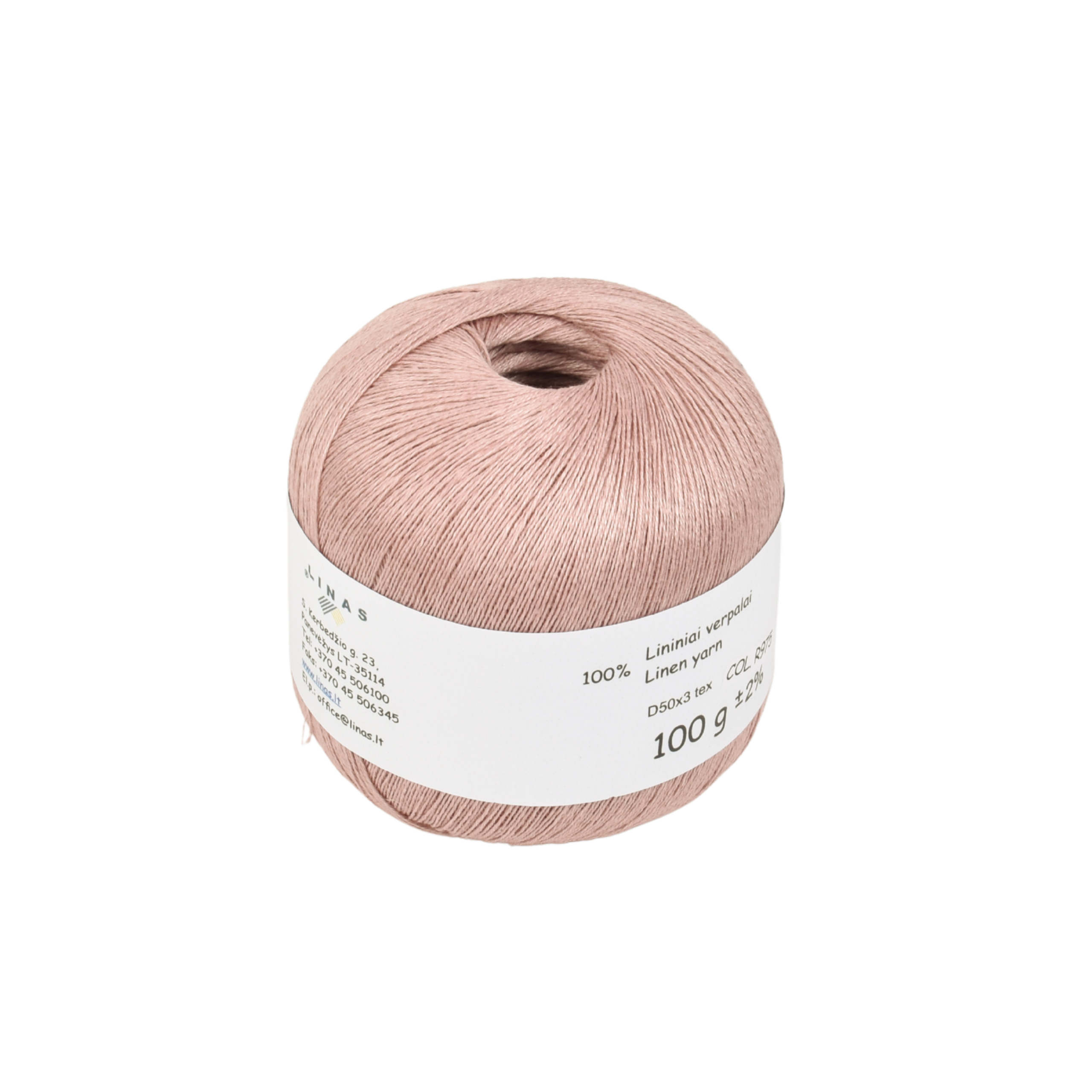 Powder pink colour linen yarn D50x3 tex, col. R975, 100 g