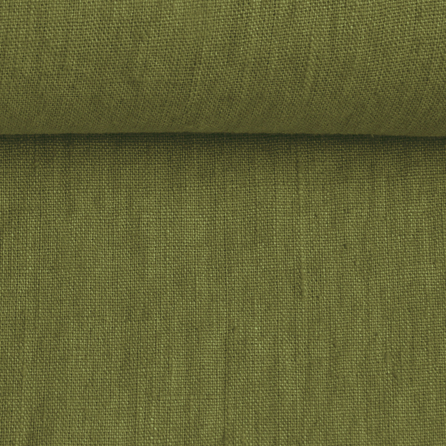 Wide washed linen fabric in moss green, 150 g/m² (Bale)