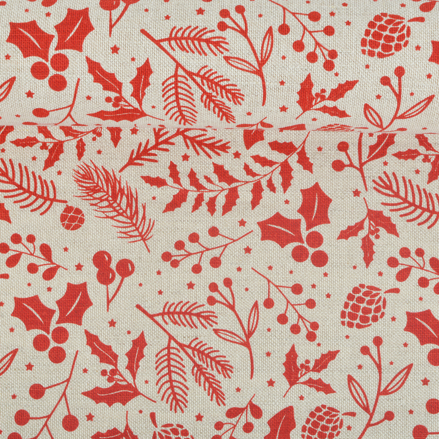Red patterned semi-linen fabric Christmas greenery, 240 g/m²
