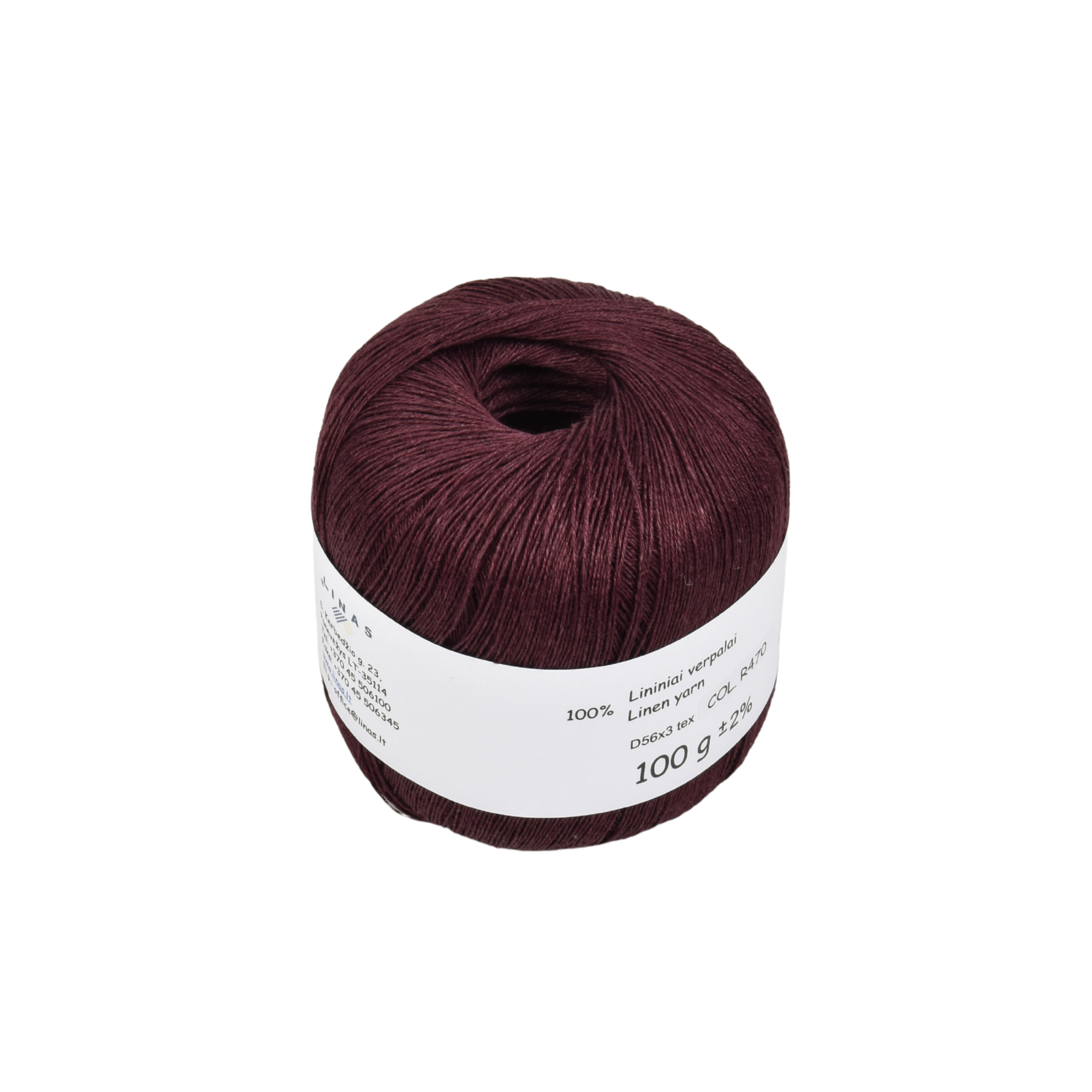 Eggplant purple colour linen yarn D56x3 tex, col. R470, 100 g